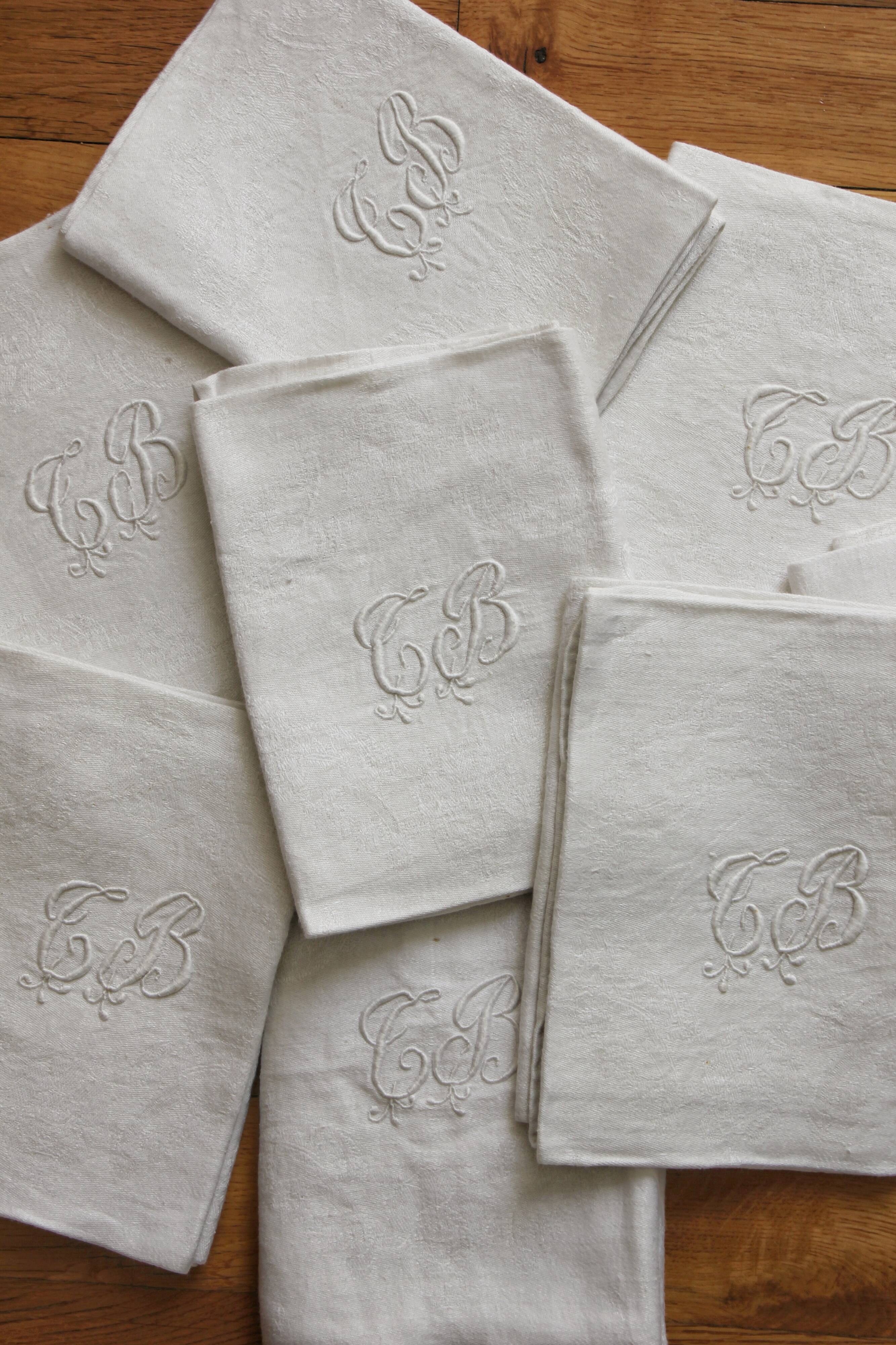 8 antique napkins in monogrammed and damask white linen