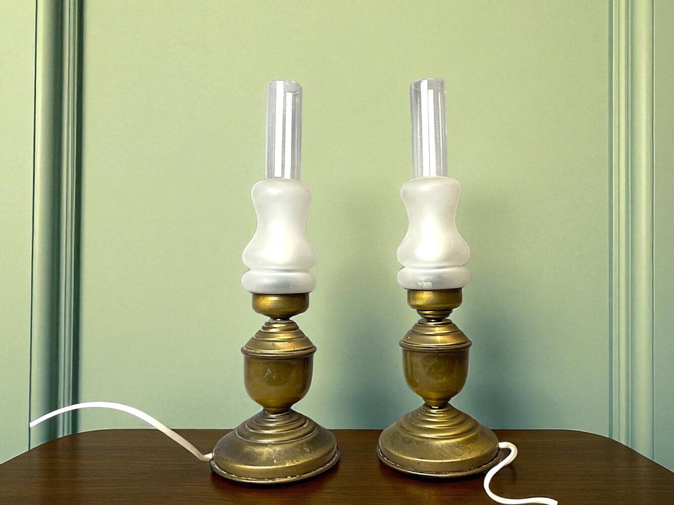 Pair Portuguese rustic brass table lamps
