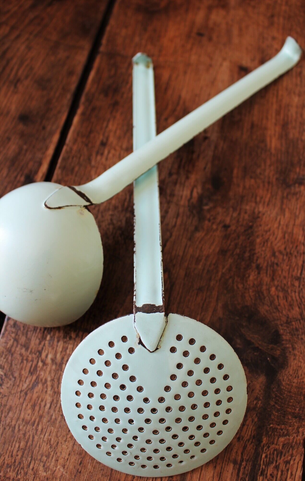 A skimmer and a ladle to hang Vintage mint enamelled sheet metal