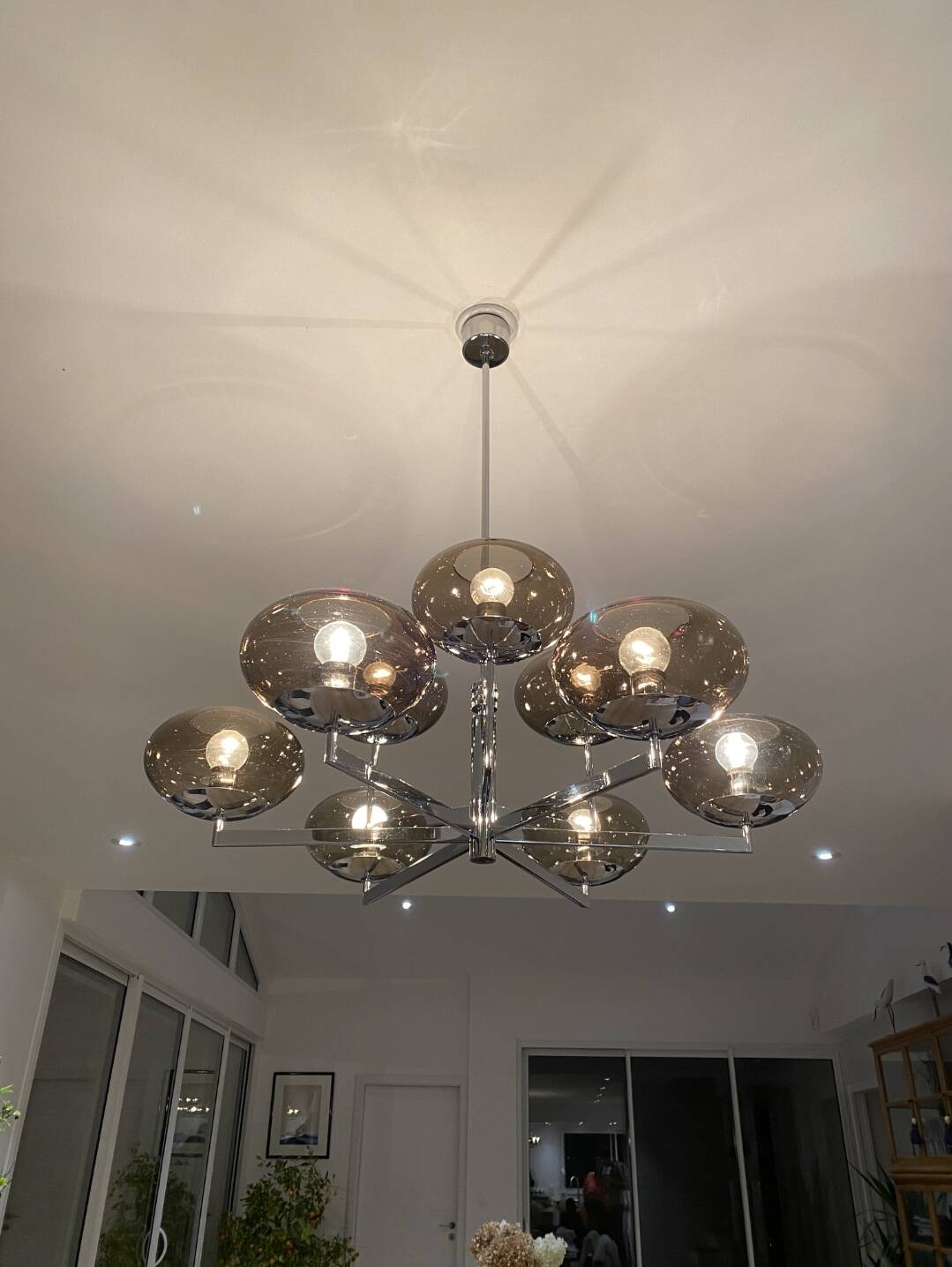 Very rare - Sciolari 9-light chrome and smoked glass chandelier - 1970s - Vintage