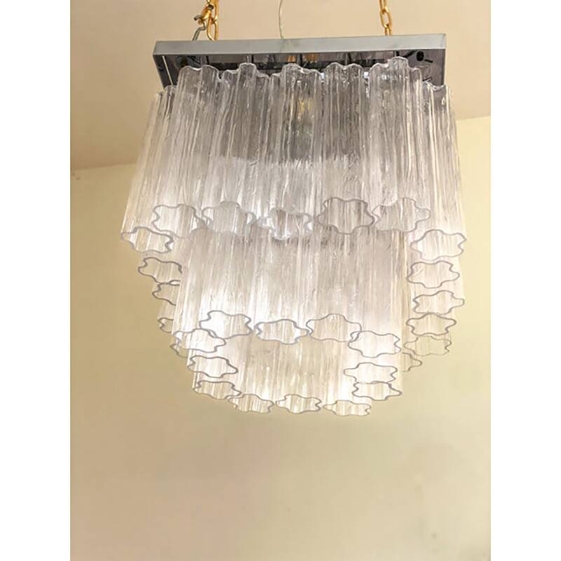 Plafonnier "Tronchi" contemporain transparent en verre de Murano de style Venini carré Spoutnik