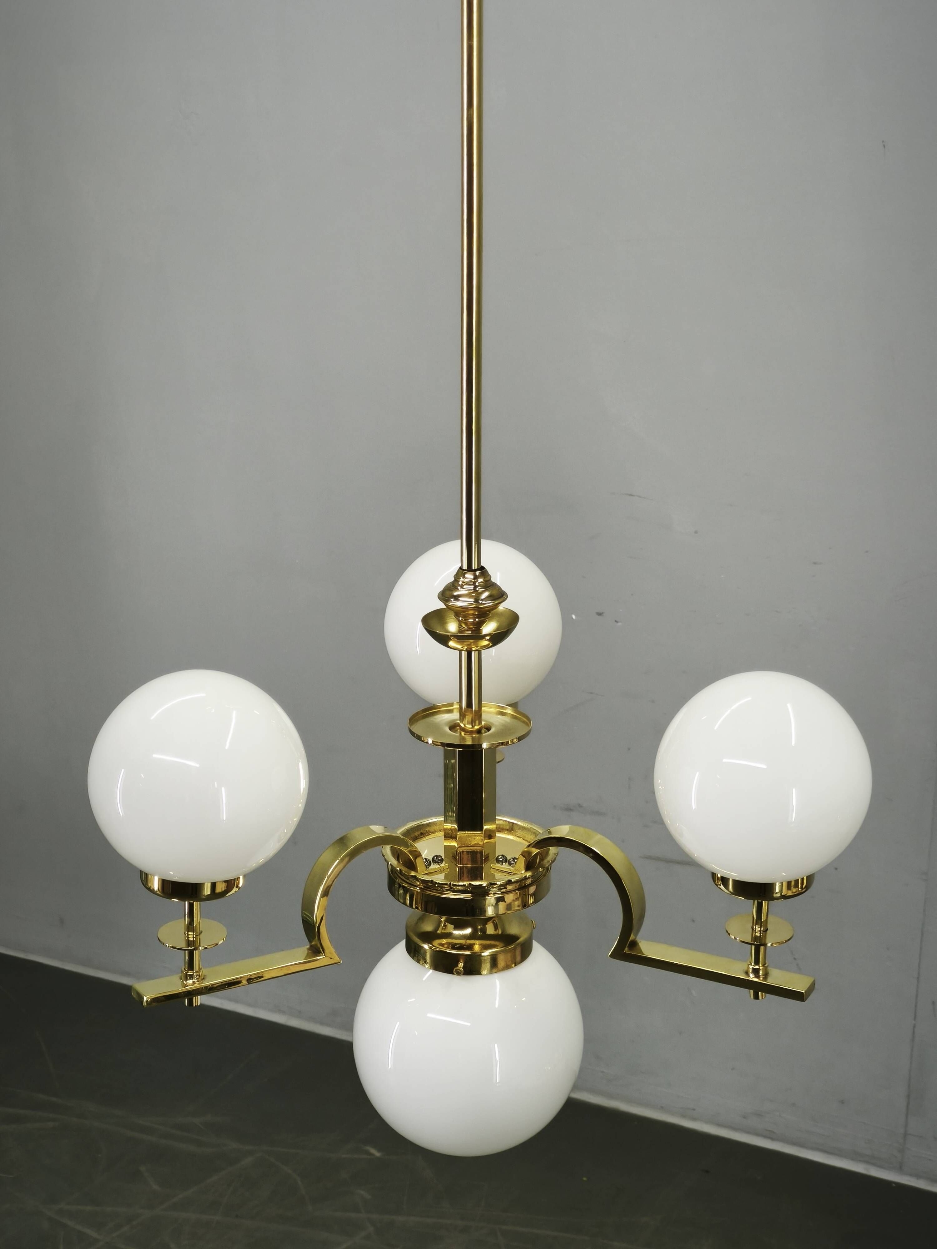 1930s Art Deco Brass and Opaline Glass Globe Chandelier, Czechoslovakia