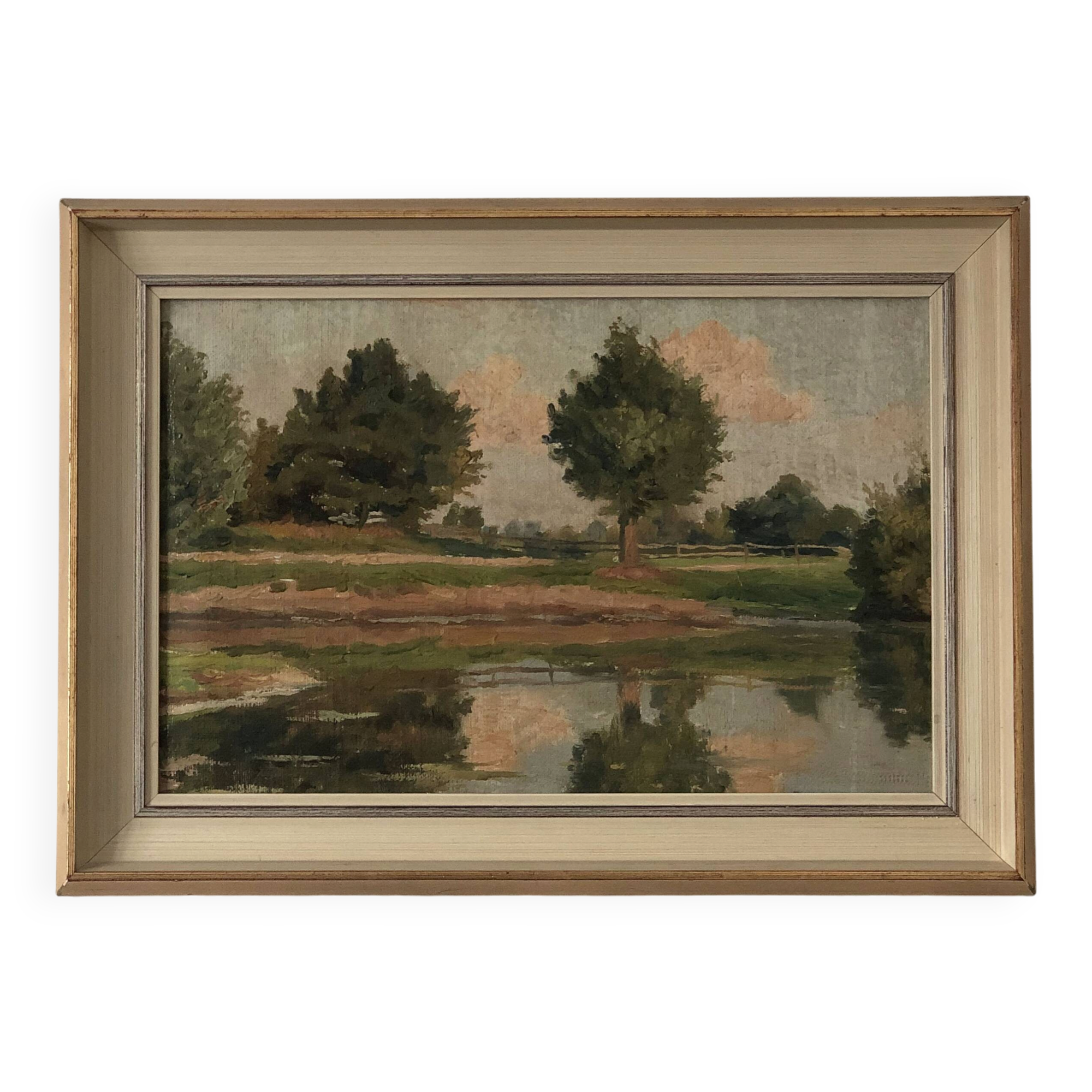 Vintage Original River Landscape Oil Painting: Framed Countryside Art