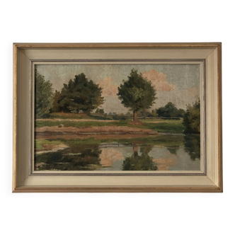 Vintage Original River Landscape Oil Painting: Framed Countryside Art