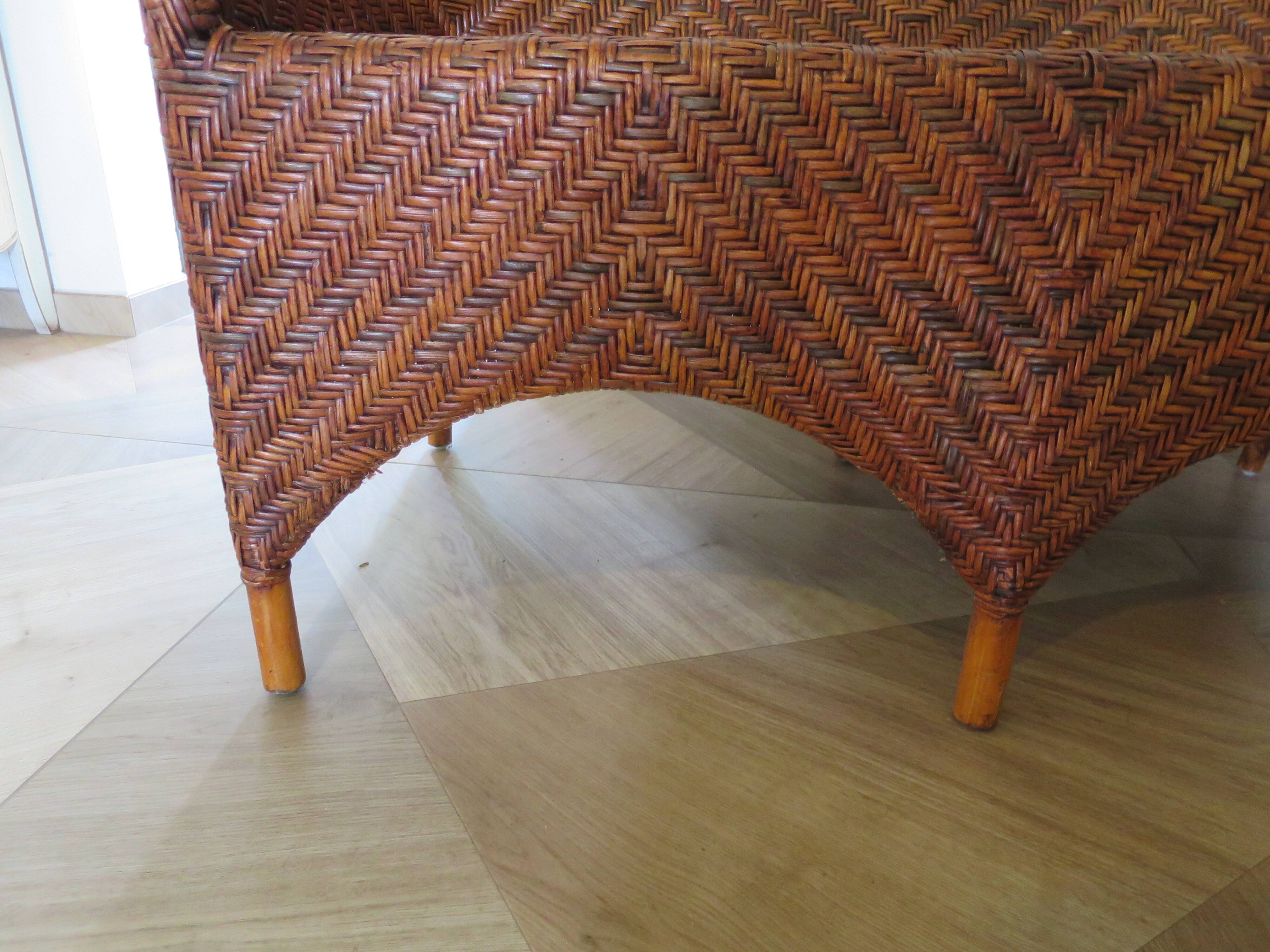 Two-seater banquette in woven rattan, wood and bamboo, 1980s.