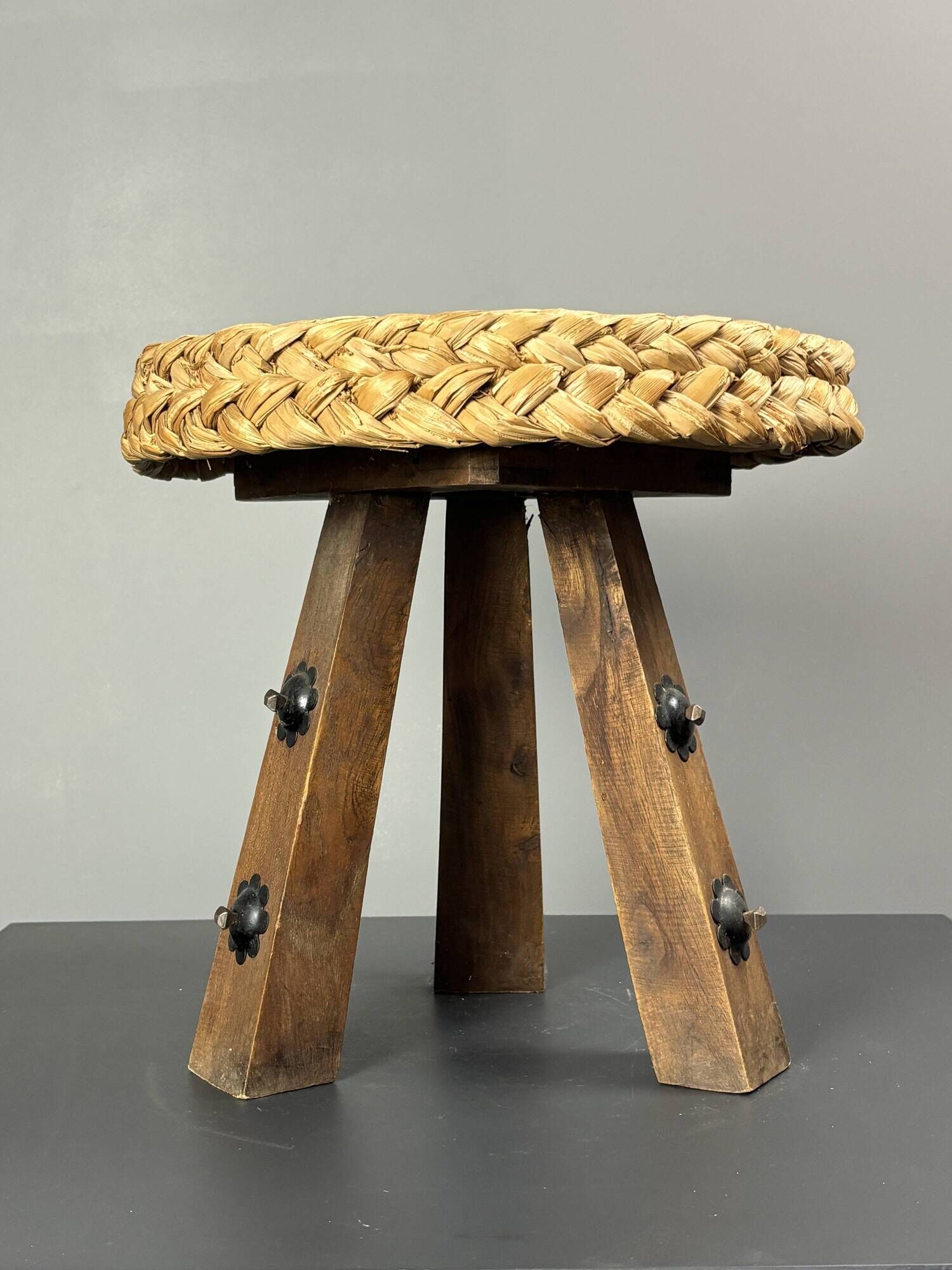 Midcentury braided rope tripod stool in the style of Audoux & Minet, 1950s