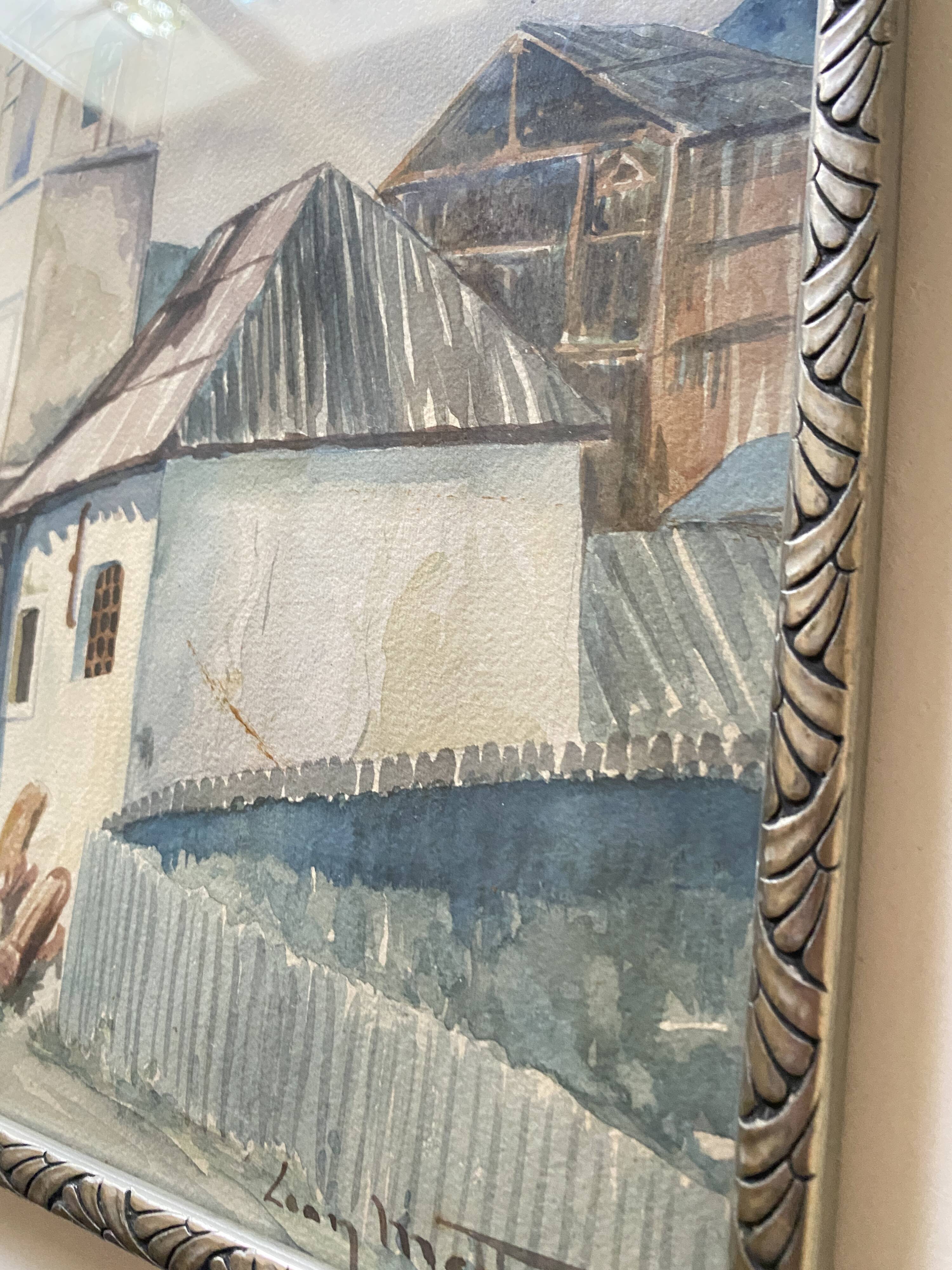 Aquarelle 1920, cadre bois sculpté argenté