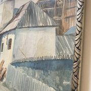 Aquarelle 1920, cadre bois sculpté argenté