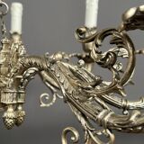 Large, rare antique chandelier in solid silver-plated bronze, Empire style, 12 light points.