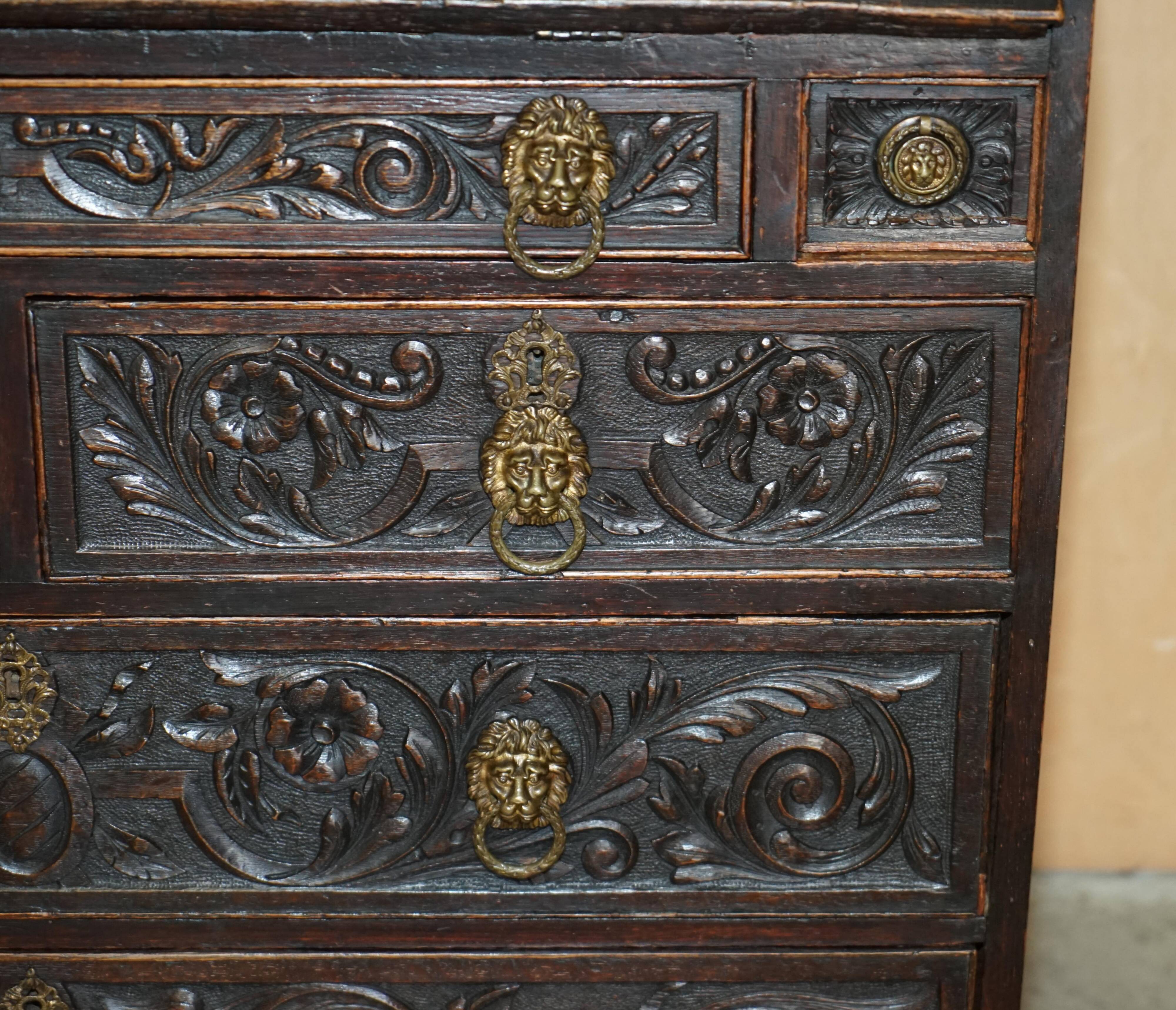Library Desk in Carved Oak with Brass Handles