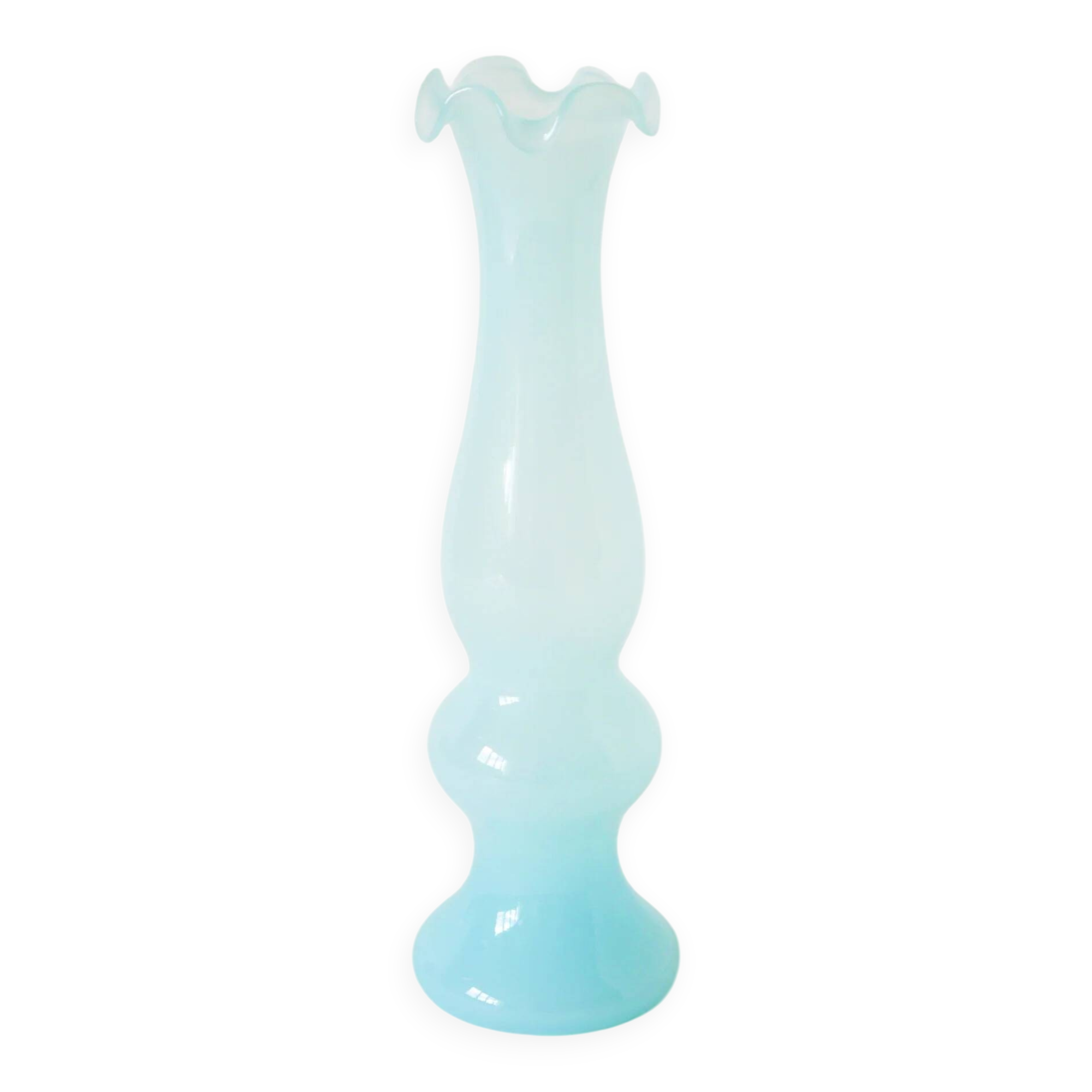 Vase en opaline à col dentelé, bleu ciel, 1960