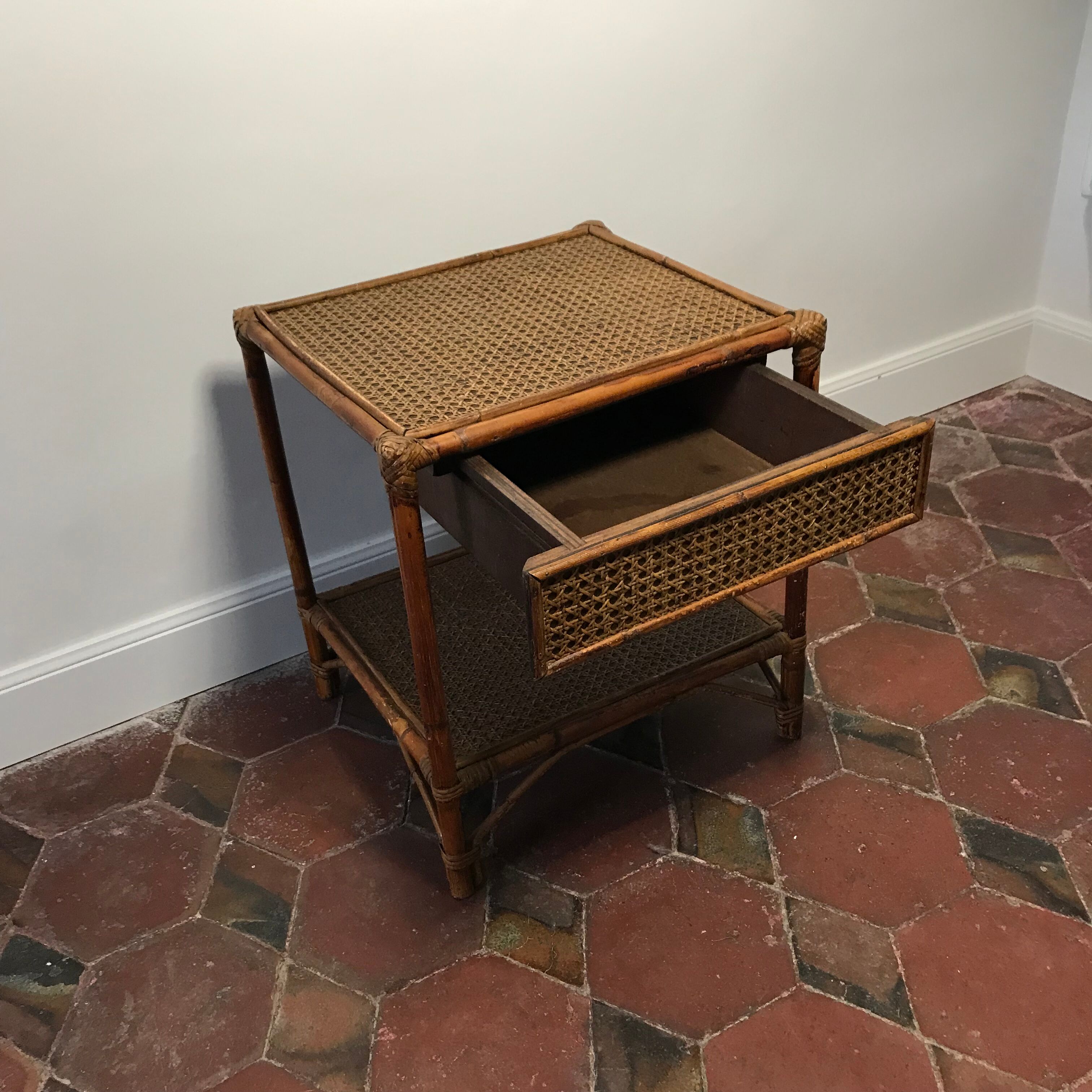 Vintage bedside table 1970 wicker and canning