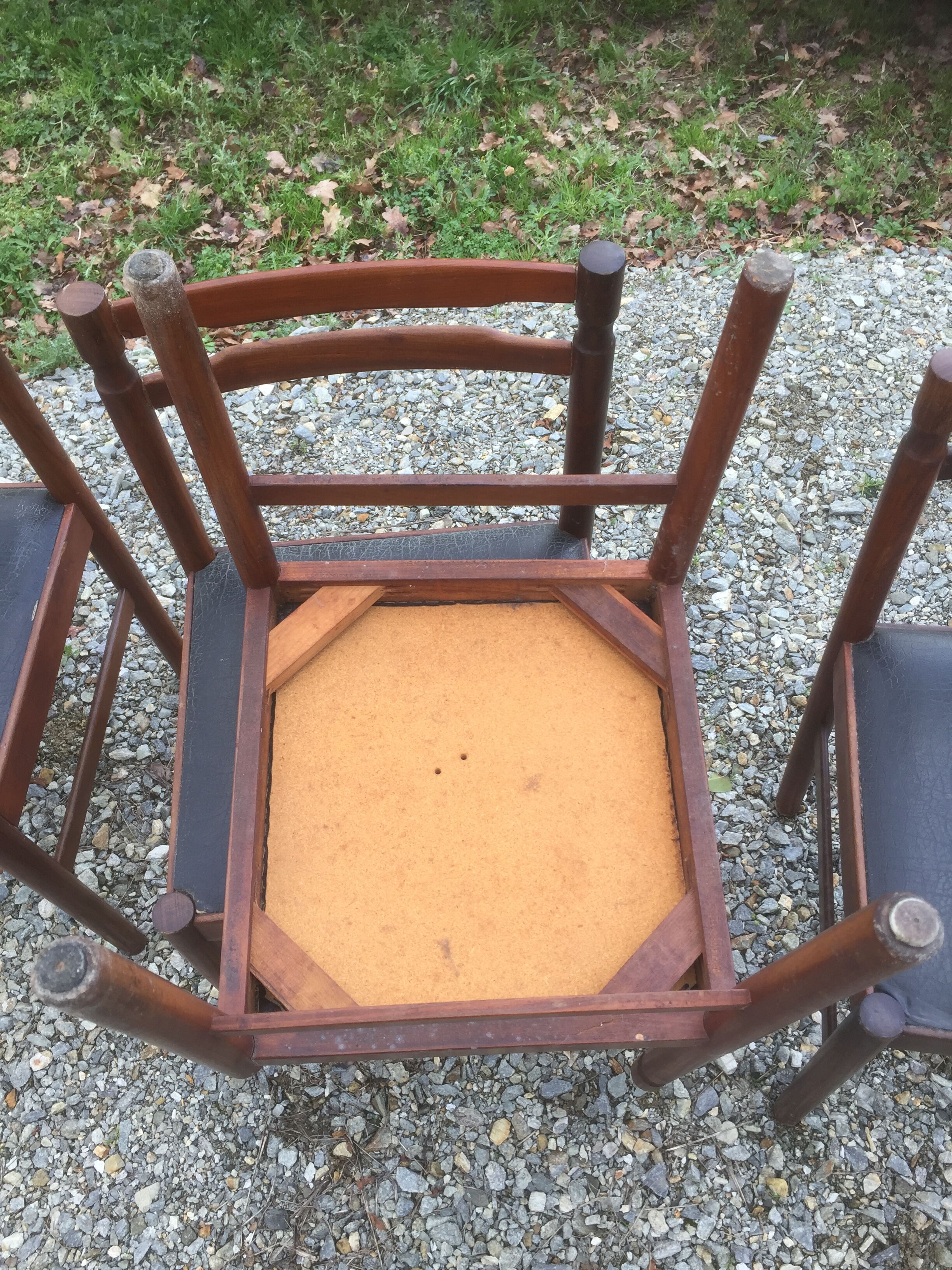 Vintage scandinavian teak chairs, black skaï seats as it is