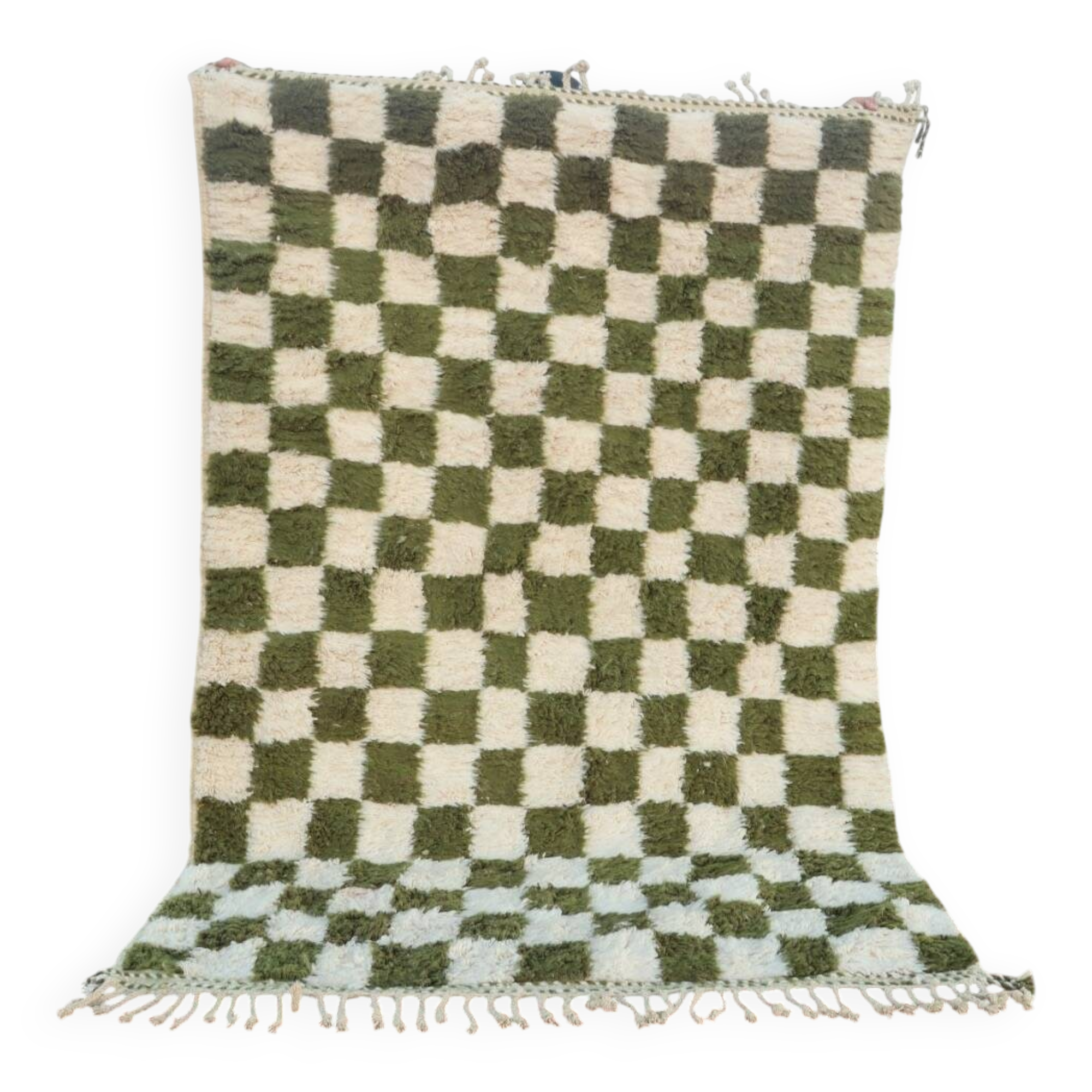 Beni Ouarain rug in Khaki Green and Cream Checkerboard, Handmade, 250x150cm