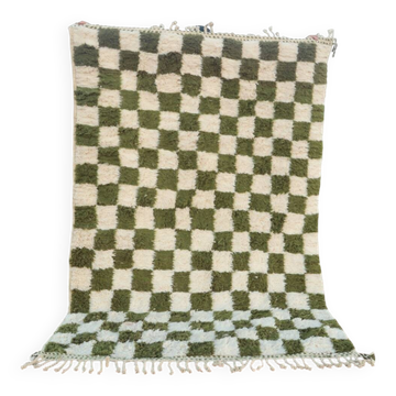 Beni Ouarain rug in Khaki Green and Cream Checkerboard, Handmade, 250x150cm