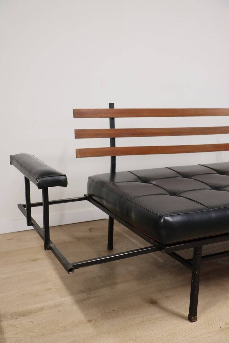 Vintage "Daybed" sofa bench in metal and imitation leather, 1950