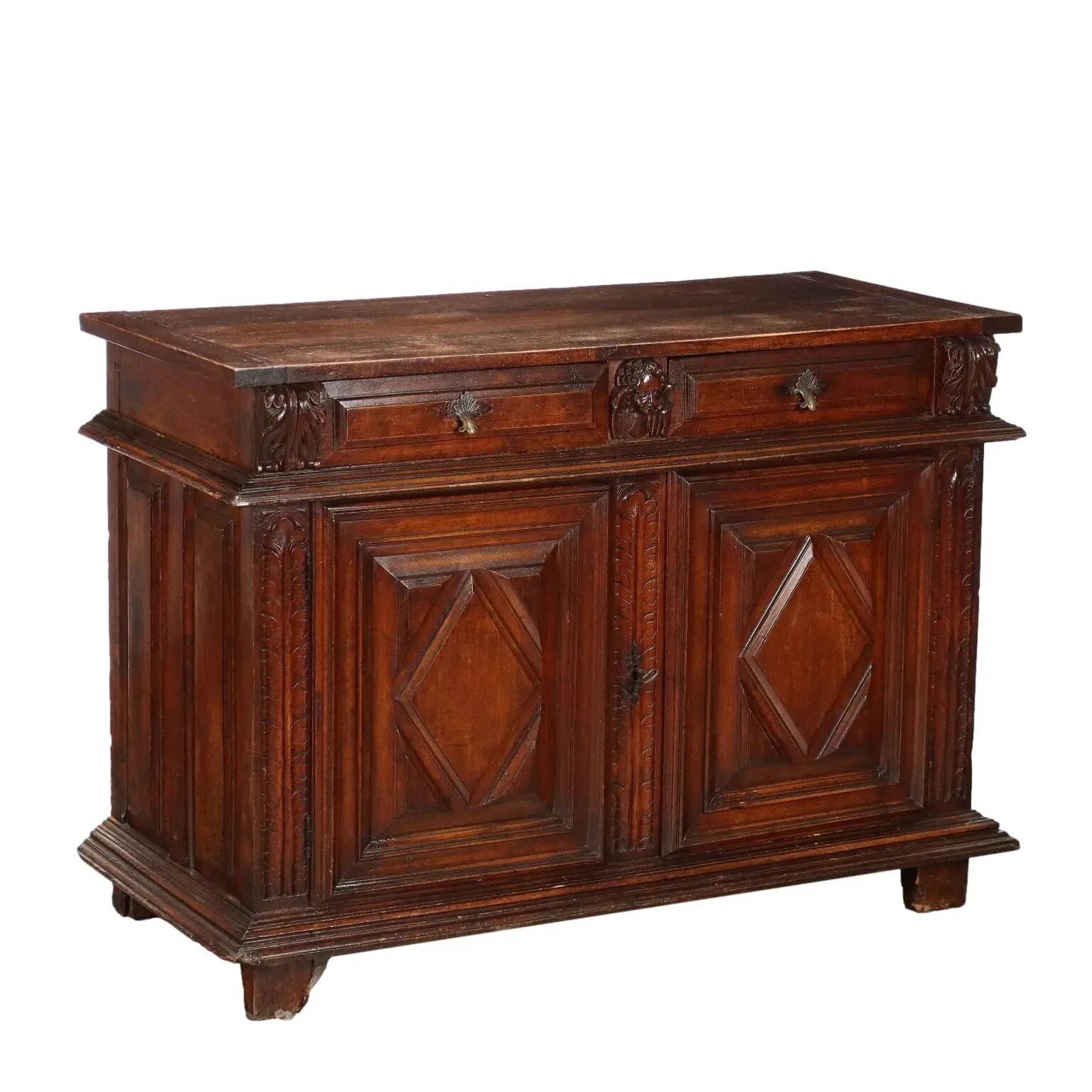 Ancient baroque walnut buffet with decorations, 18th century