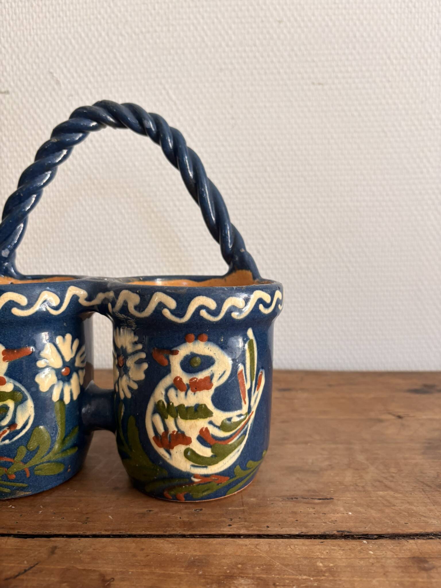 Double Pot Pottery Ceramic Terracotta Blue Bird Alsace Twisted Handle