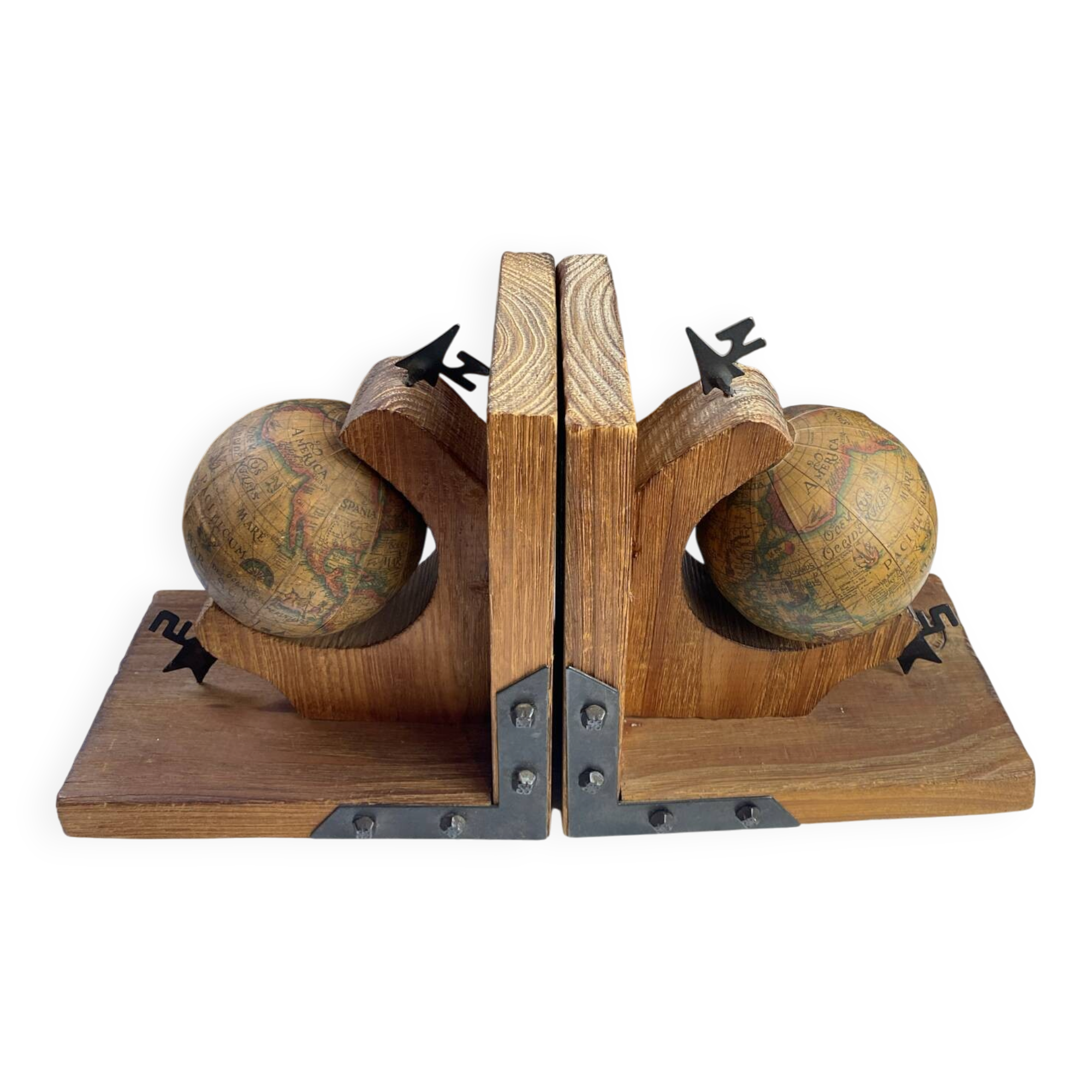 Pair of wooden bookends, rotating globes