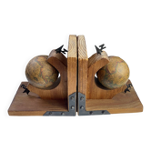 Pair of wooden bookends, rotating globes