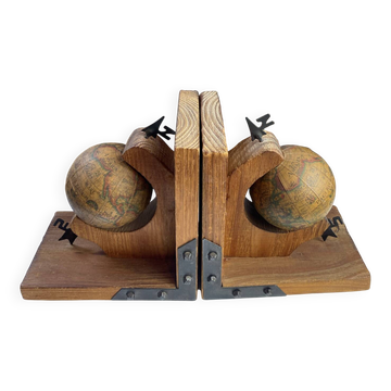 Pair of wooden bookends, rotating globes