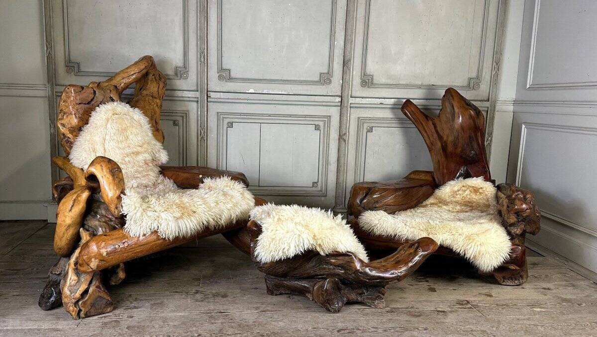 Pair of armchairs and a footstool made of root wood, circa 1970