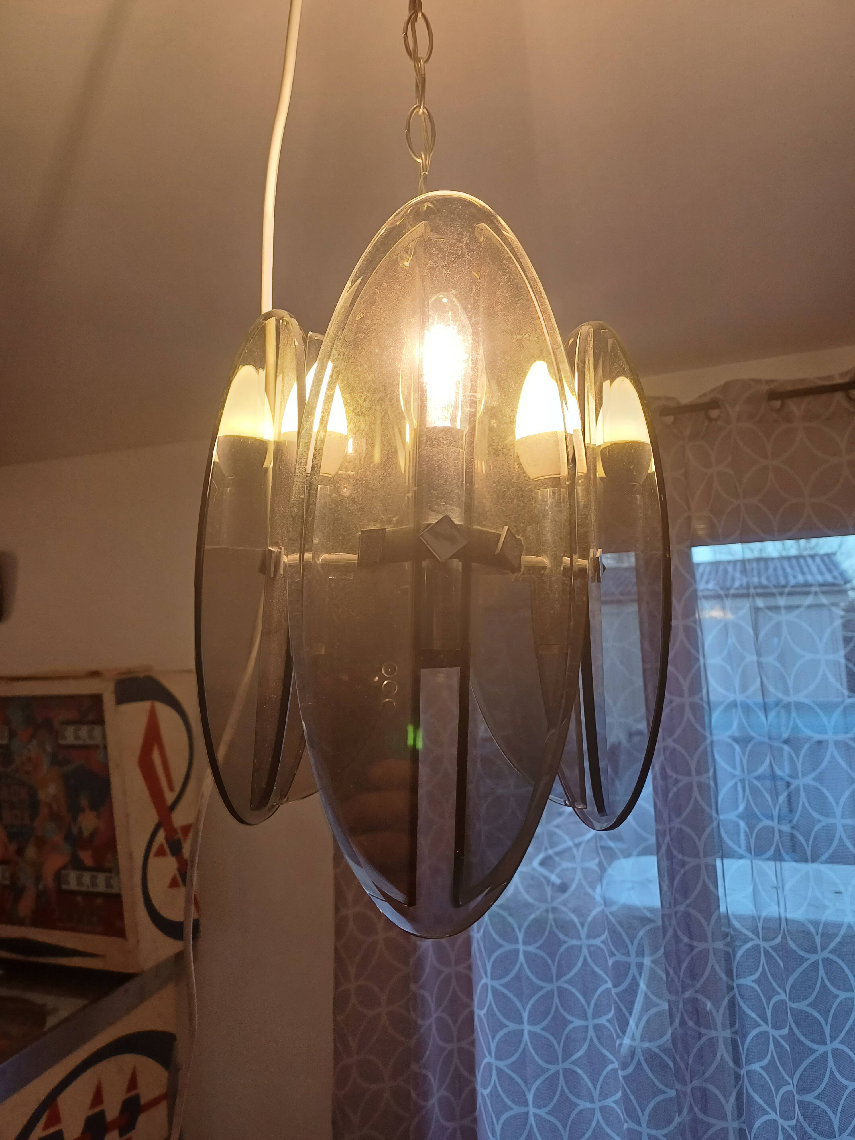 Vintage Chandelier Veca, Chrome and Smoked Glass