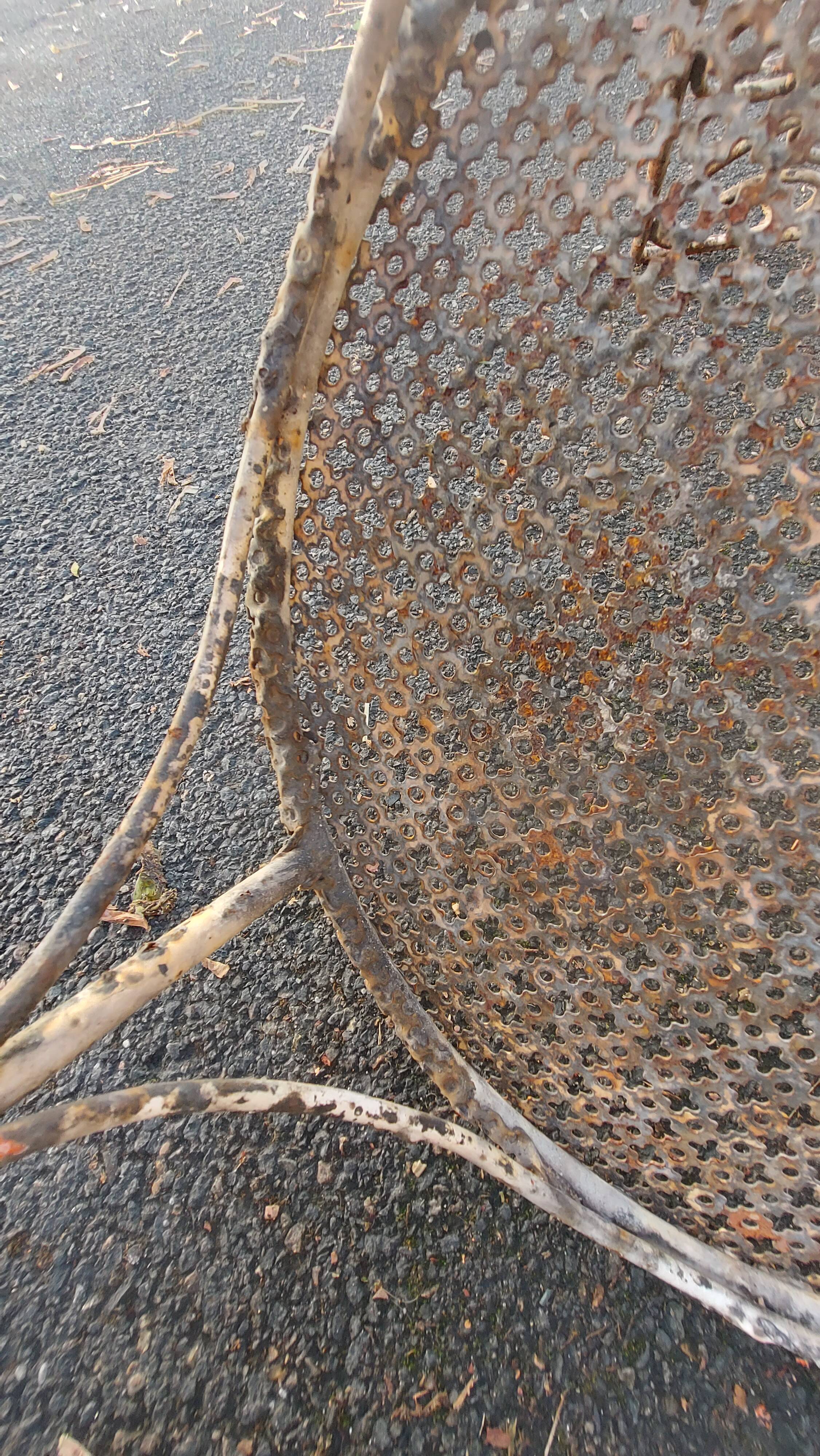 Set of 3 wrought iron garden chairs, rigitulle seat 1940/50