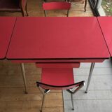 Table set and 2 vintage vintage pale red formica chairs