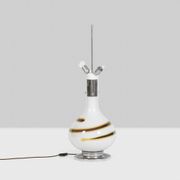 White glass lamp decorated with a brown and yellow spiral, 1970s