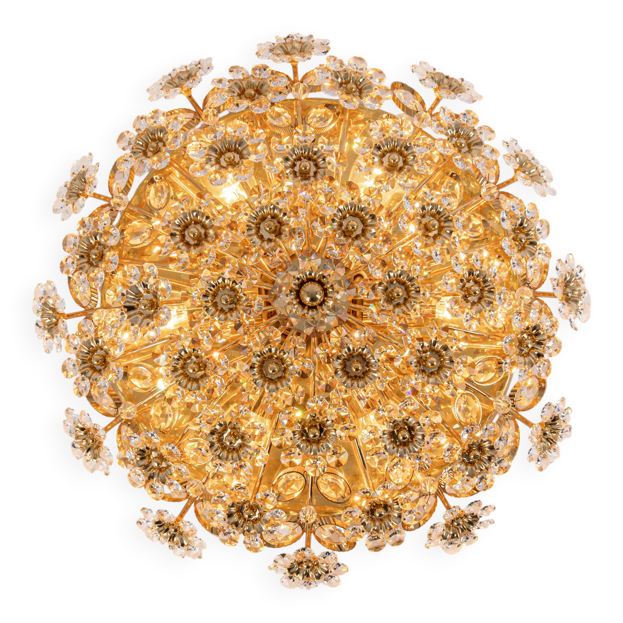 Brass ceiling light with cut glass flowers by Palwa, Germany, 1970s.