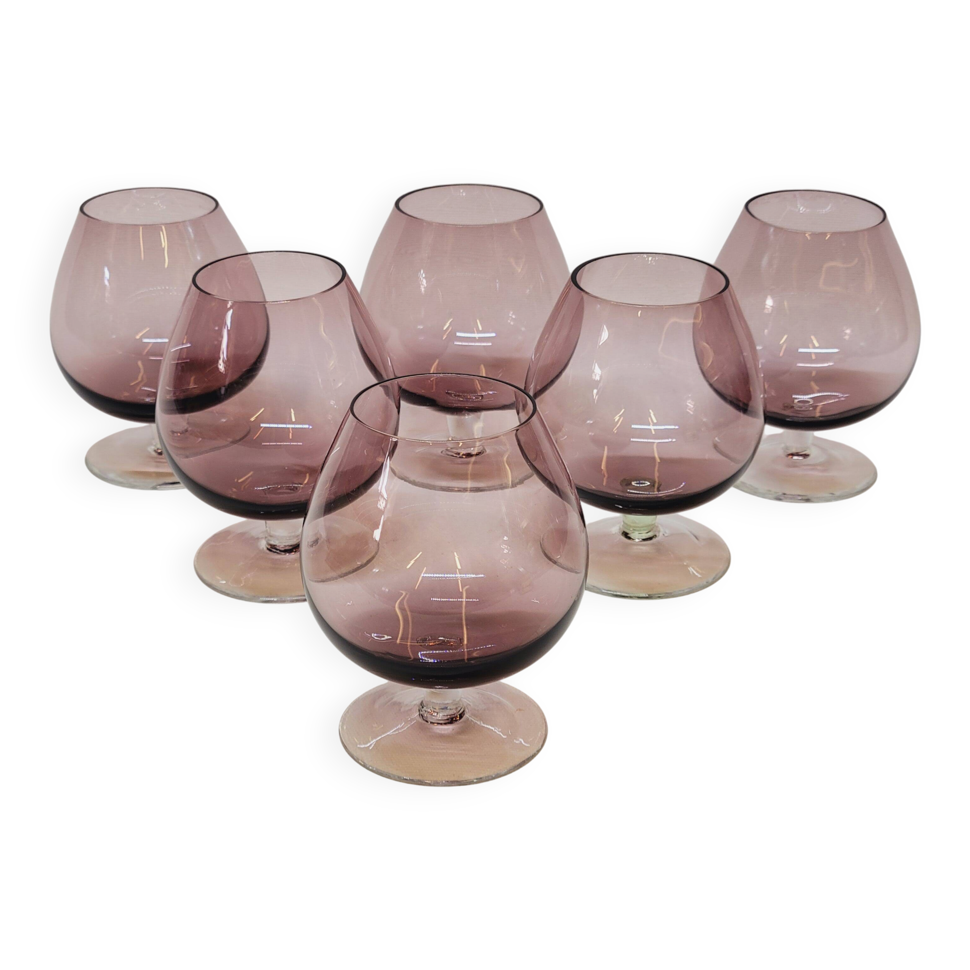 6 Antique Plum-Colored Crystal Cognac Glasses