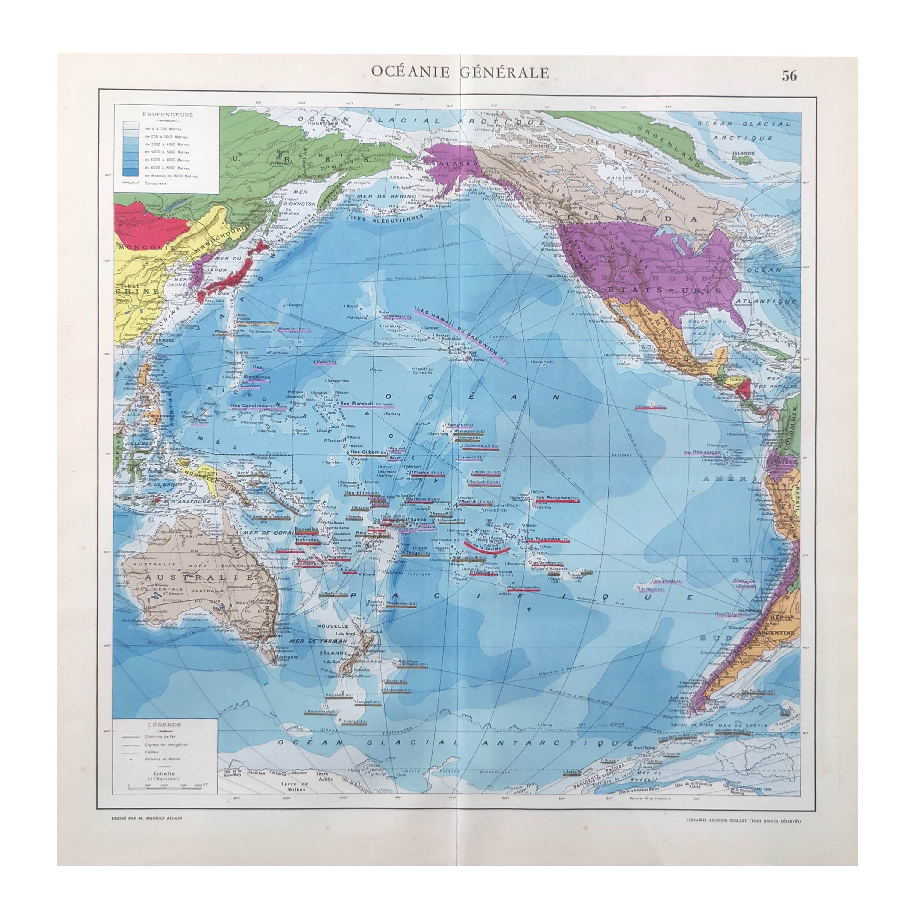 Vintage map Oceania Australia Japan 43x43cm from 1950