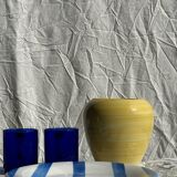 3 large Italian plates with blue stripes and lemons pattern