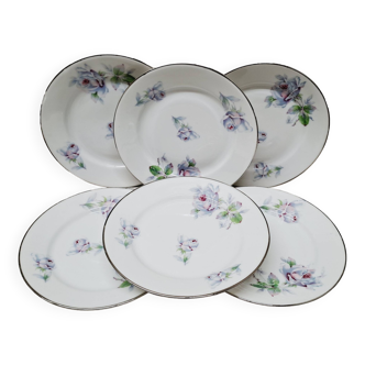 Set of 6 dessert plates decorated with blue flowers