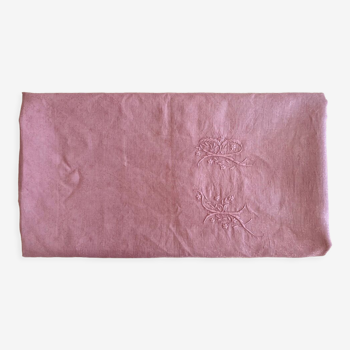 Monogrammed damask tablecloth FB dyed pink - 280x200cm - Métis