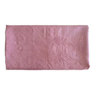 Monogrammed damask tablecloth FB dyed pink - 280x200cm - Métis