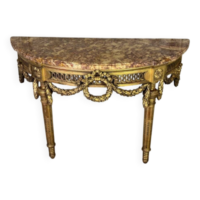Console Louis XVI en bois sculpté et doré, marbre brocatelle du Jura, XVIIIème siècle