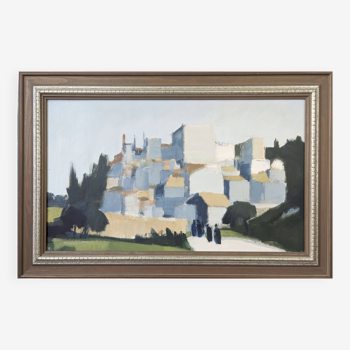 Mid-Century Modern "City Stroll" Vintage Swedish Cityscape Street Scene Oil Painting, Framed