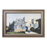 Peinture à l’huile de scène de rue de paysage urbain suédois vintage moderne du milieu du siècle « City Stroll », encadrée