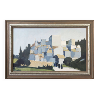 Mid-Century Modern "City Stroll" Vintage Swedish Cityscape Street Scene Oil Painting, Framed