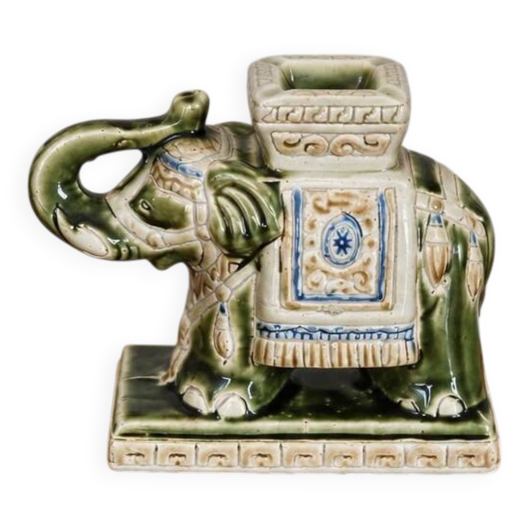 Vintage elephant ashtray in glazed ceramic – Green, cream and blue – Asian decor