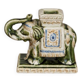 Cendrier éléphant vintage en céramique émaillée – Vert, crème et bleu – Déco asiatique