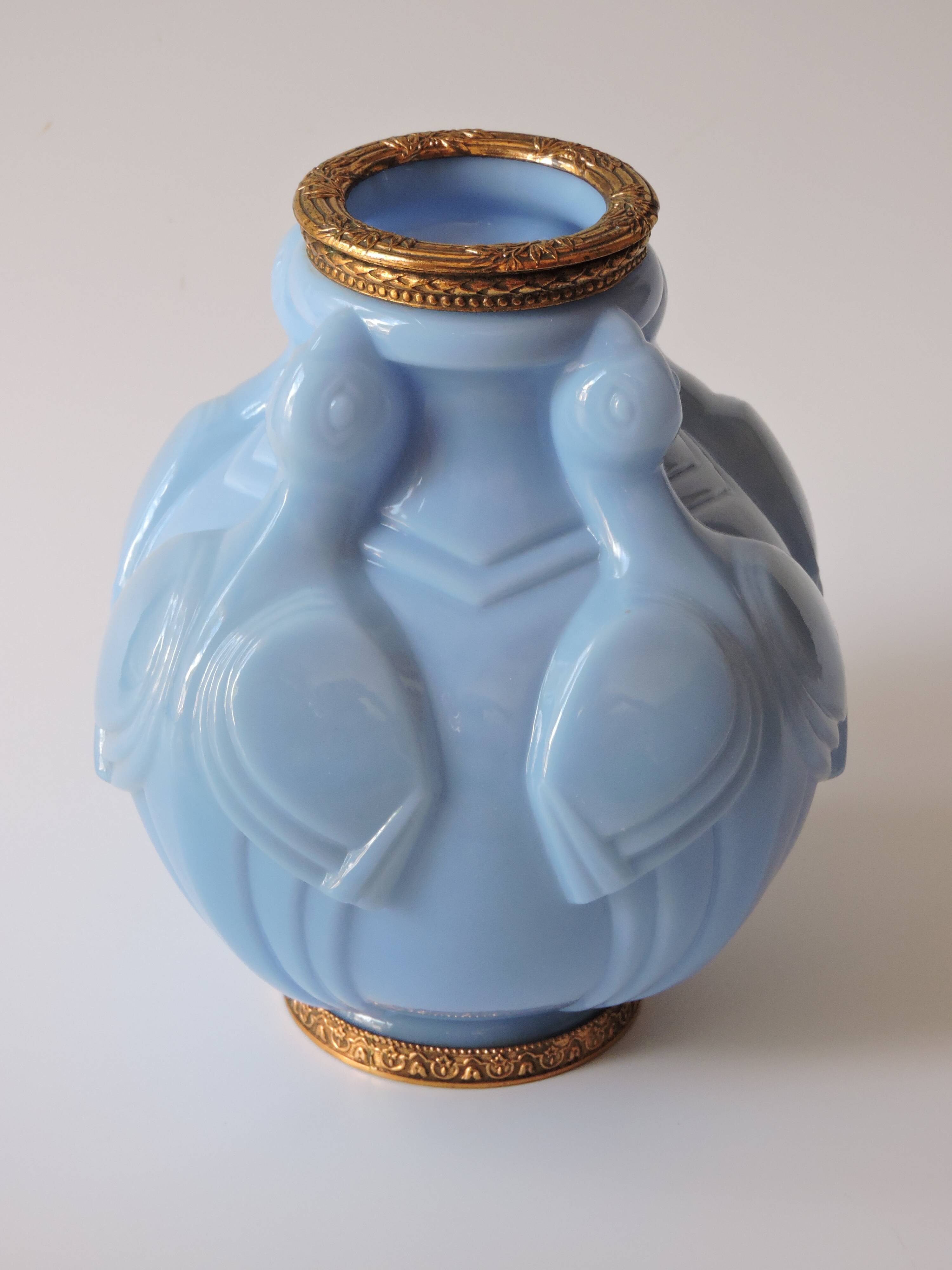 Art Deco vase in molded and pressed opaline. Stamped CLA France décor of Birds