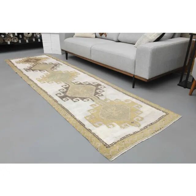 1970s Turkish Hand-Knotted Wool Cotton White Runner Rug 92x322
