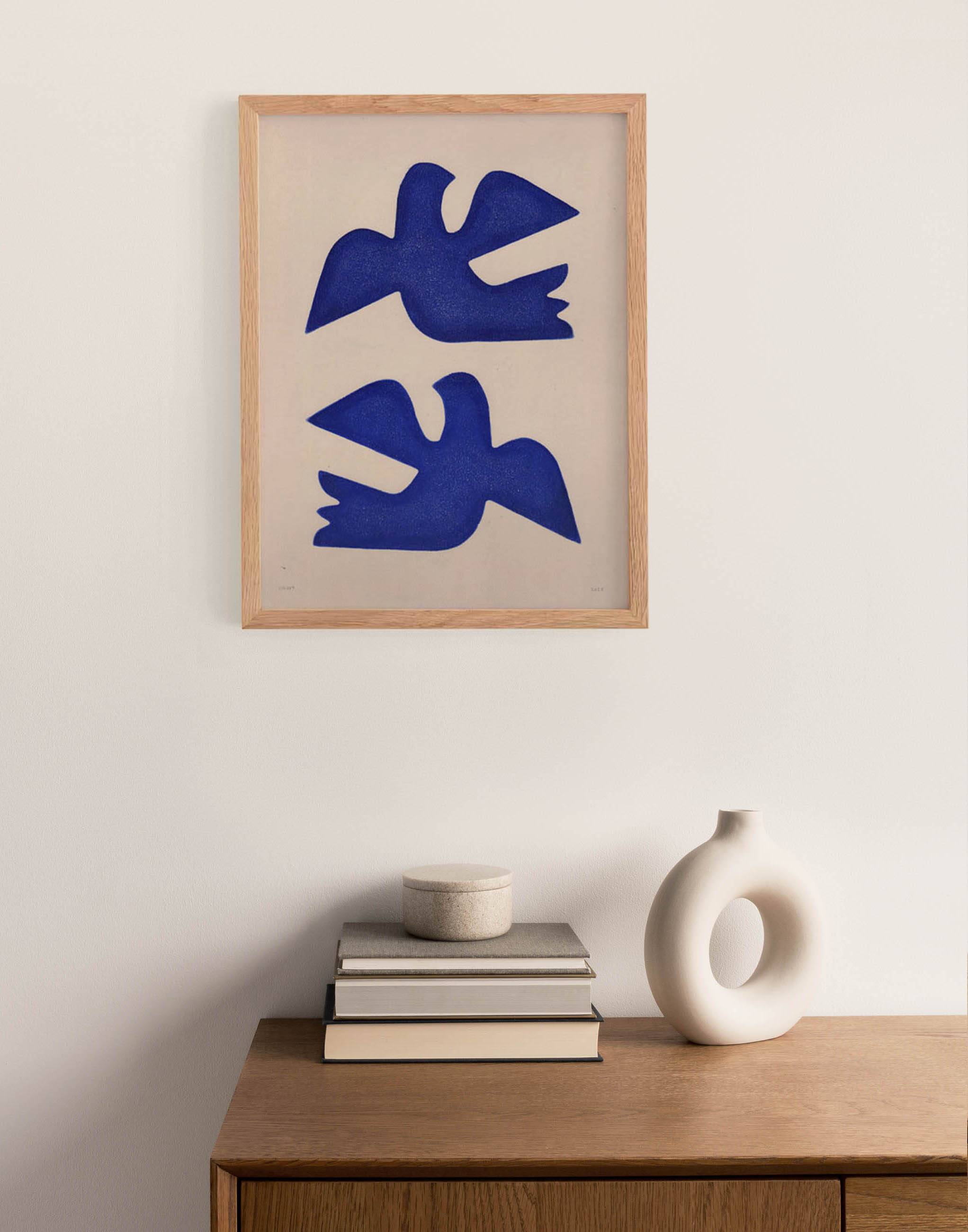 Painting 30x40cm blue birds on paper framed signed Eawy