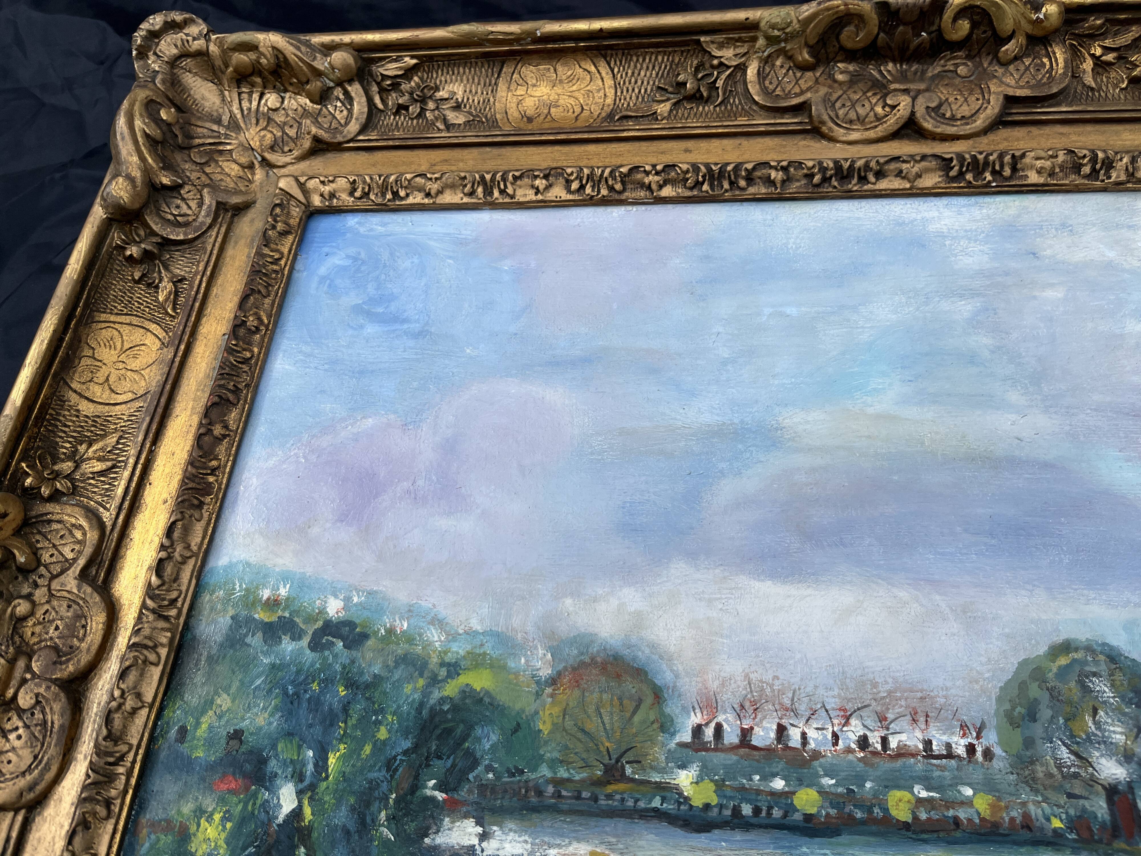 Very beautiful painting Landscape with reflections – M. de Moran 1996 with a 19th century frame