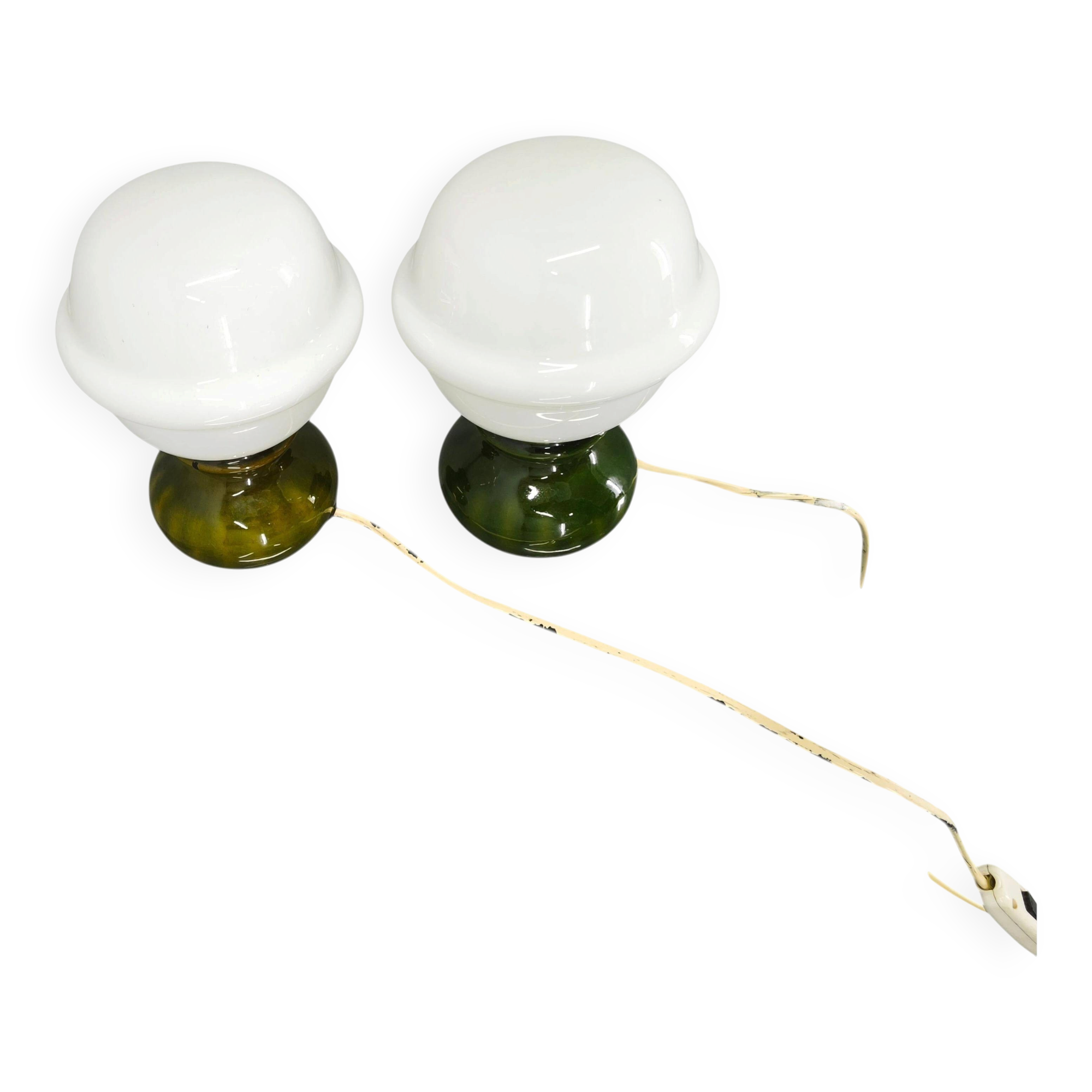 Pair Czech 1970s Milk Glass and Green Ceramic Table Lamps