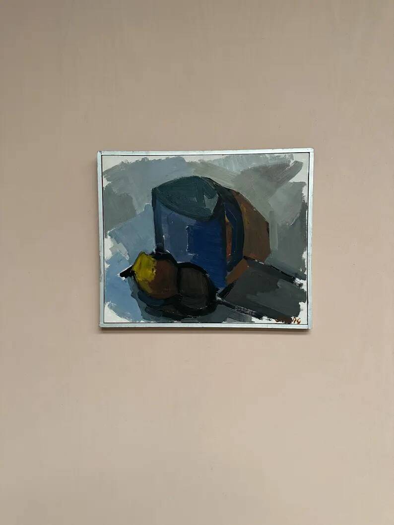 Original Swedish Oil on Canvas – “Blue Jug” by Stig Delang – Signed – Vintage & Framed