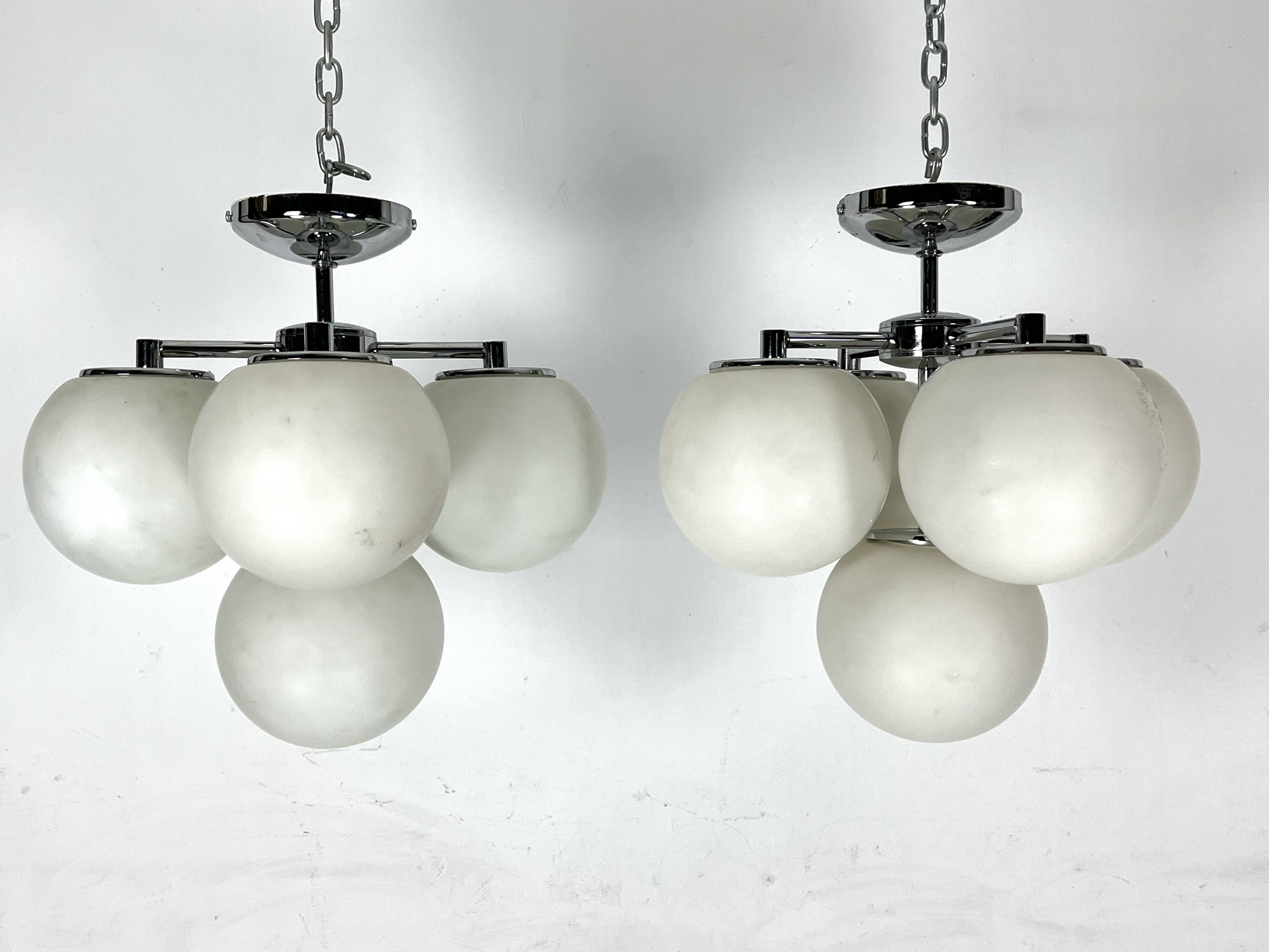 Space age style, Vintage Pair of ceiling lamps in chrome and opaline glass. Italy 1980s